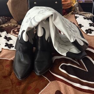 Fashion Nova Black and White Flame Heeled Boots